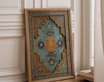 May include: A rectangular wall art piece framed in light wood, featuring an intricate mosaic pattern with a central star motif. The design incorporates shades of turquoise, deep blue, and golden yellow, arranged in a complex geometric layout.