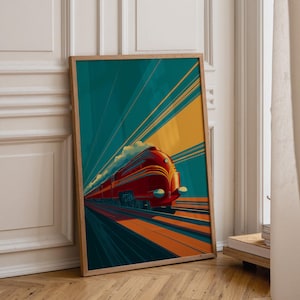 Art deco trein muurkunstprint, vintage locomotiefposter, stroomlijn spoorwegillustratie, retro reizen