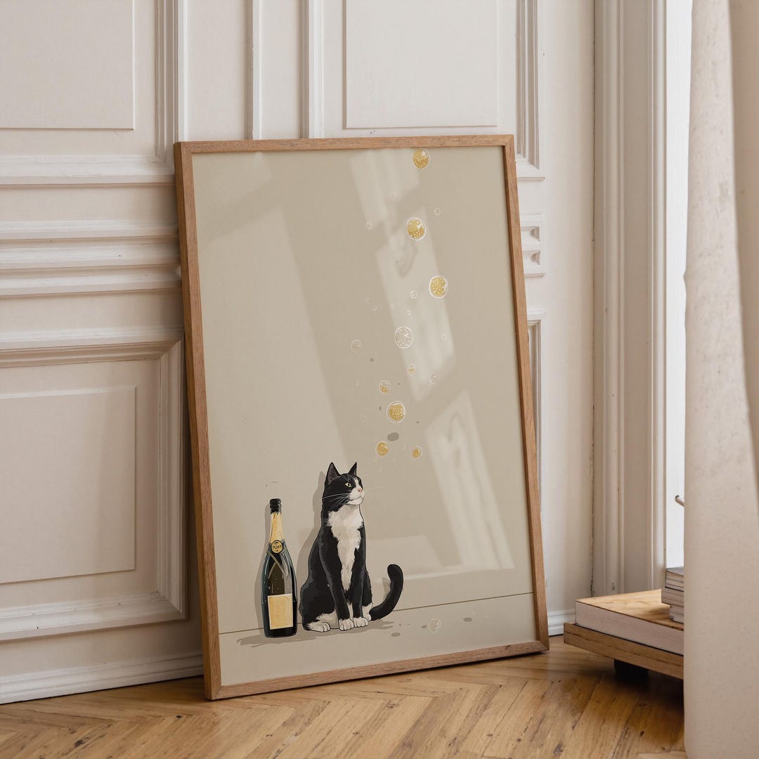 Tuxedo Cat Champagne Art Print • Black and White Cat Prosecco Poster ...