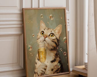 Champagne Cat Art Print • Prosecco Bar Wall Art • Cute Drinking Cat Illustration • Whimsical Animal Décor • Fun Cocktail Bar Artwork