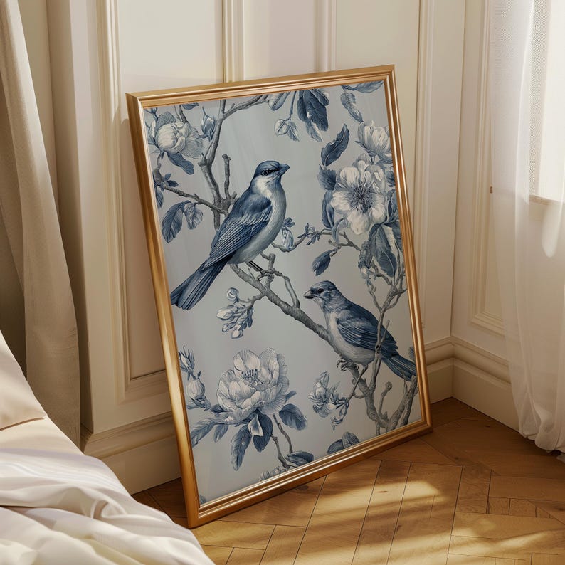 Chinoiserie Bird Wall Art • Blue and White Botanical Print • Vintage ...