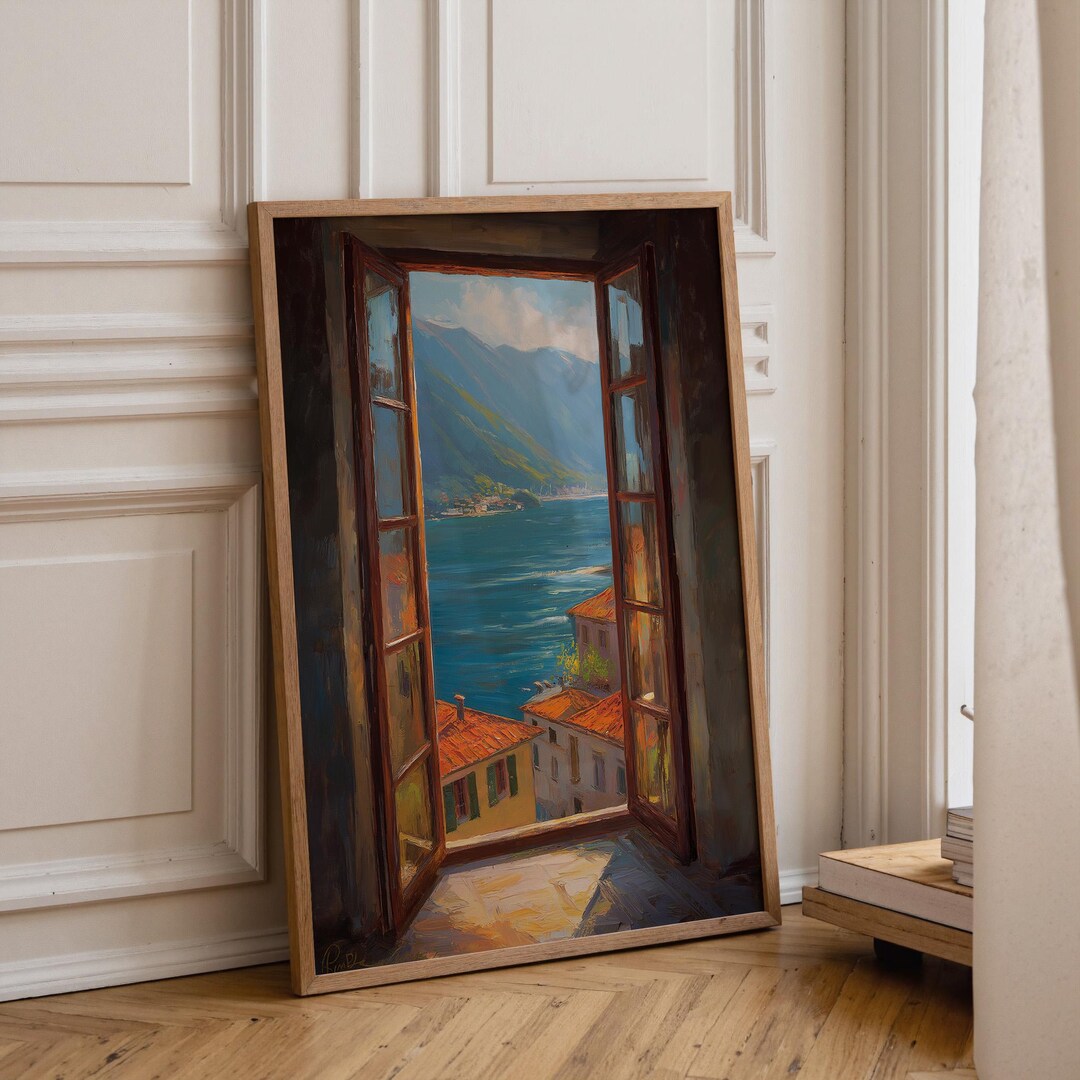 Mediterranean Window View Art Print • Scenic Coastal Painting Wall Art ...