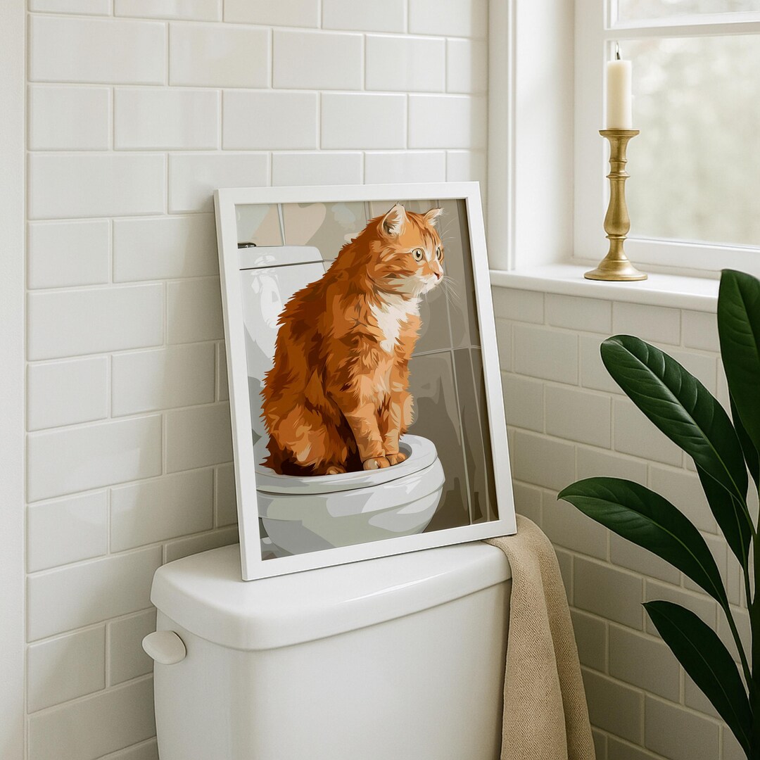 Funny Bathroom Cat Art Print • Ginger Cat on Toilet Wall Art • Quirky ...