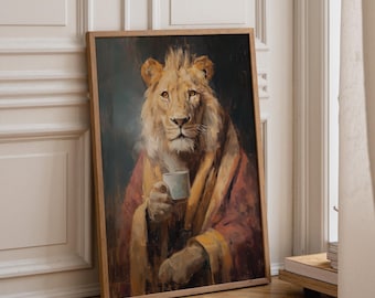 Lion Wall Art Print |  Lion Drinking Coffee Painting | Whimsical Animal Portrait | KWC