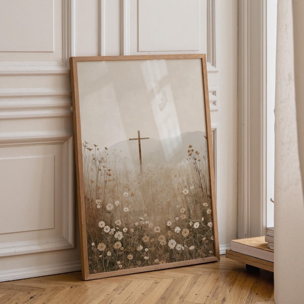 Christian Wall Art Print | Cross Landscape Artwork | Neutral Faith Home Décor | Minimalist Religious Wall Art | Easter KWC