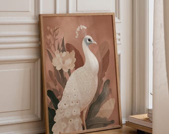 White Peacock Wall Art | Neutral Boho Bird Print | Elegant Nature Illustration | Minimalist Botanical Décor | Modern Living Room Artwork |