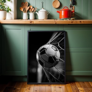 Football Wall Art Print, Soccer Goal Poster, Black White Sports Photography, Football Bedroom Decor, Soccer Ball Net Print (Framed Option) imagen 4