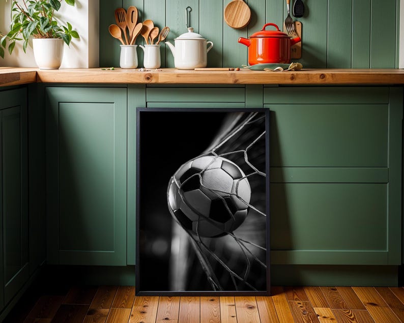 Football Wall Art Print, Soccer Goal Poster, Black White Sports Photography, Football Bedroom Decor, Soccer Ball Net Print (Framed Option) imagen 4