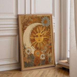 Celestial Sun and Moon Wall Art, Boho Floral Print, Vintage Astrology Decor, Cottagecore Sunburst Poster, Cosmic Art (Framed Option) KWC