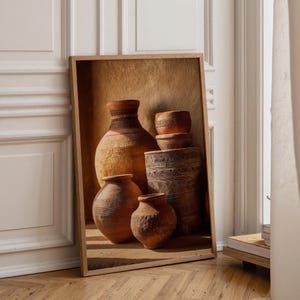 African Clay Pottery Wall Art Print, Terracotta Vase Still Life, Rustic Tribal Pot Décor, Neutral Earth Tone Art