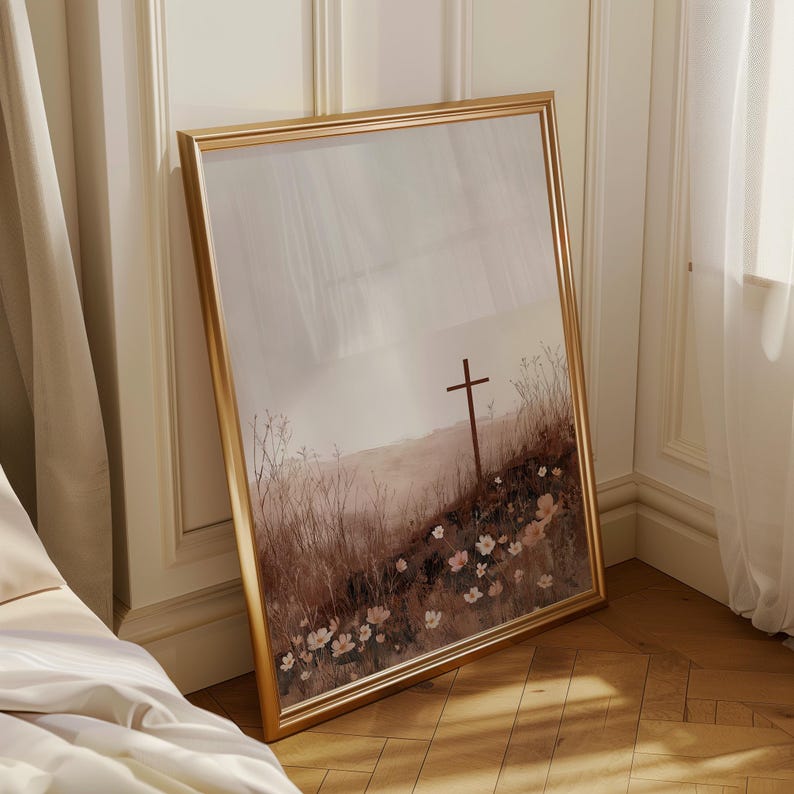 Christian Wall Art Print | Cross Landscape Artwork | Neutral Faith Home ...