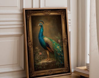 紫の宝石の孔雀のアートプリント：ロイヤルブルーとゴールドの花飾り