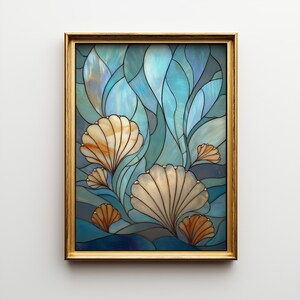 Stained Glass Seashell Wall Art, Coastal Ocean Illustration, Nautical Beach Décor, Art Nouveau imagen 6