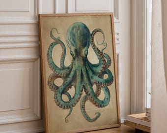 Vintage Octopus Wall Art Print, Nautical Coastal Décor, Teal Antique Kraken Illustration, Maritime Study Artwork, Ocean Lover Gift