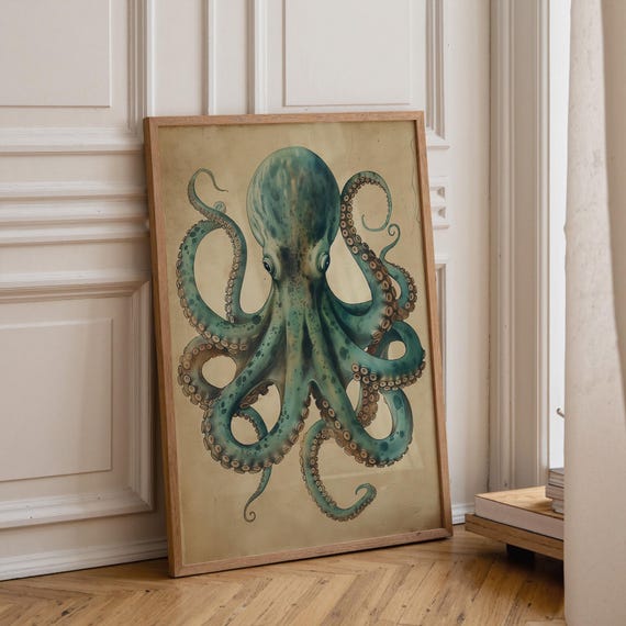 Vintage Octopus Wall Art Print, Nautical Coastal Décor, Teal Antique Kraken Illustration, Maritime Study Artwork, Ocean Lover Gift