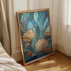 Stained Glass Seashell Wall Art, Coastal Ocean Illustration, Nautical Beach Décor, Art Nouveau imagen 5