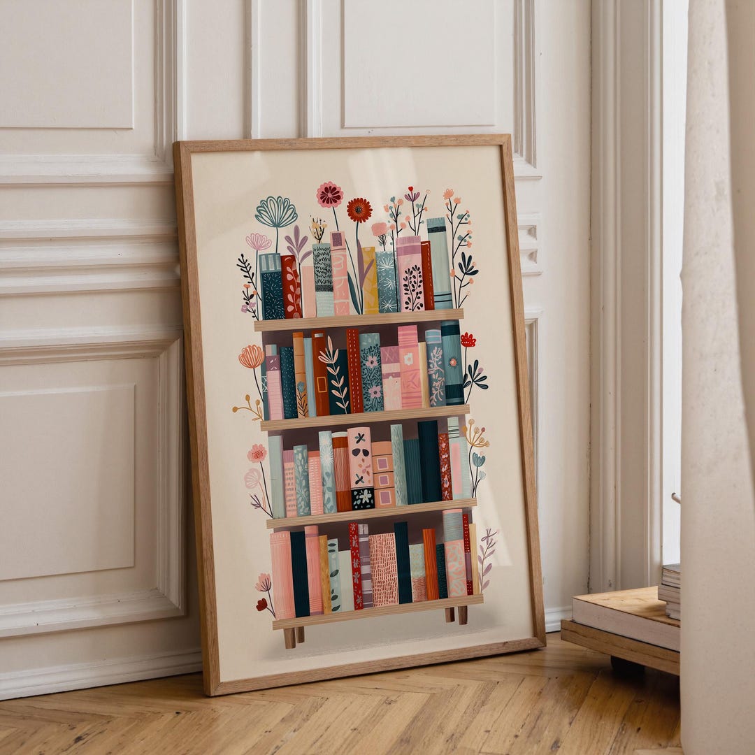 Floral Bookshelf Art Print • Botanical Book Lover Décor • Whimsical ...