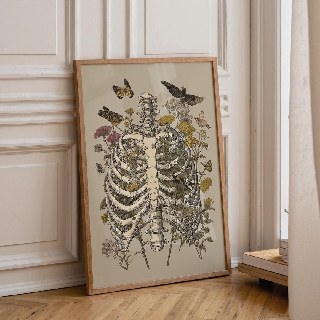 Ribcage Botanical Print, Vintage Floral Skeleton Art, Dark Academia ...