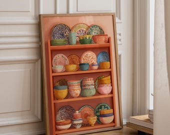 Hand-Painted Mexican Pottery Print • Colourful Talavera Kitchen Art • Rustic Ceramic Dish Shelf Illustration • Vibrant Southwestern