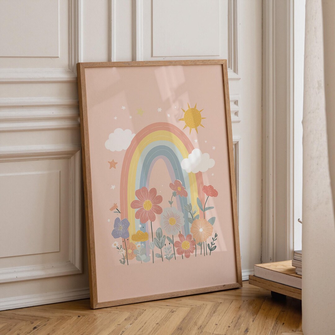 Boho Rainbow Nursery Wall Art Print, Pastel Kids Room Decor, Floral ...