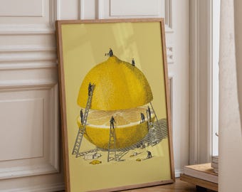 Surreal Lemon Print, Miniature Workers Citrus Poster, Whimsical Artwork (Framed Option)