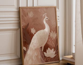 White Peacock Wall Art | Neutral Boho Bird Print | Elegant Nature Illustration | Minimalist Botanical Décor | Modern Living Room Artwork |