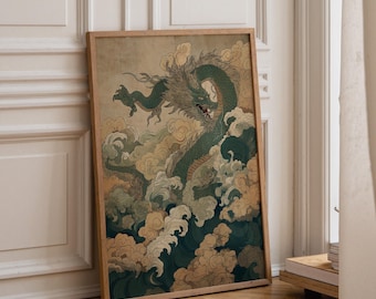 Oriental Dragon Art Print | Japanese Chinese Mythical Creature | Vintage Ink Style Wall Art | Fantasy Dragon Illustration | Asian Mythology
