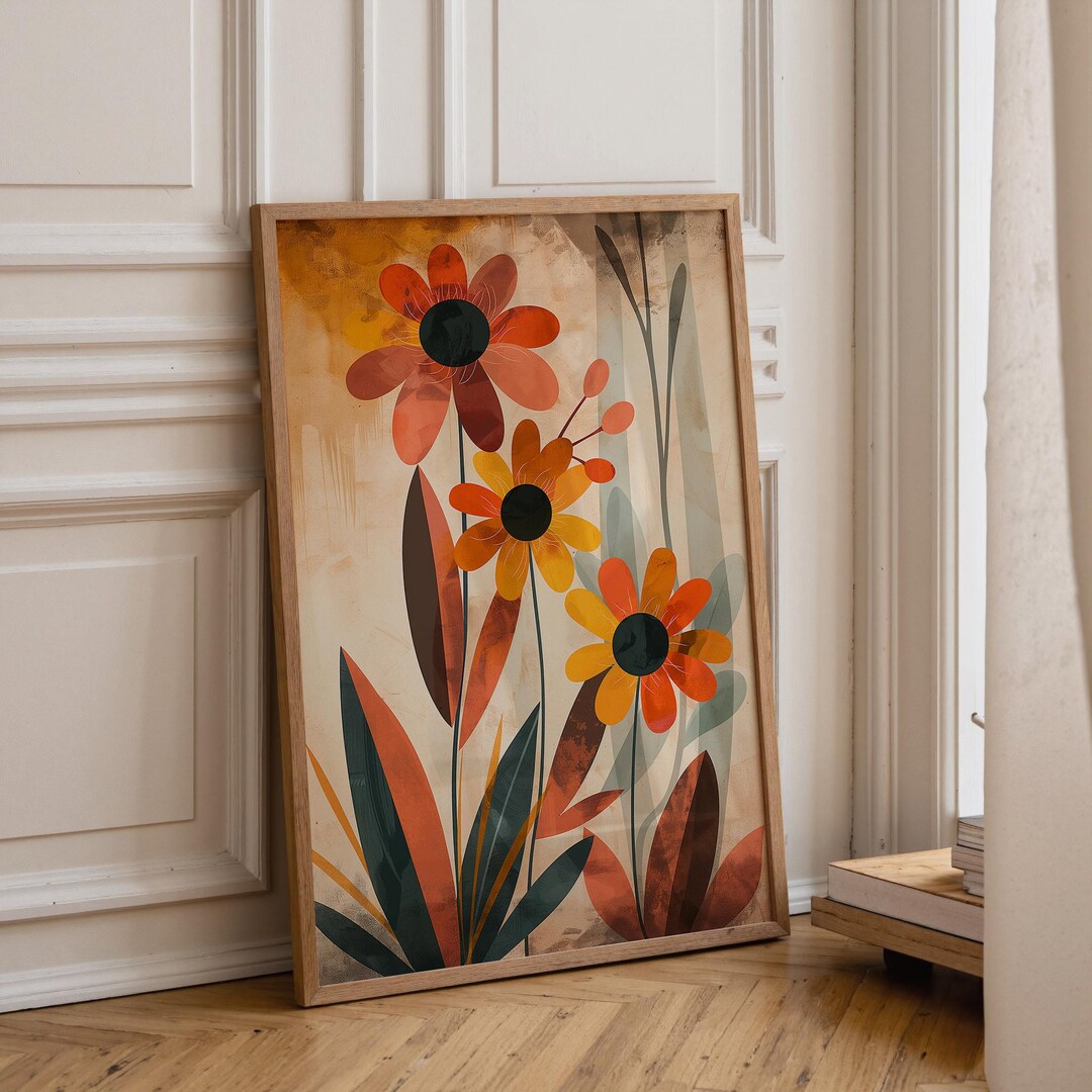 1970s Retro Floral Wall Art Print, Mid Century Modern Botanical Poster ...