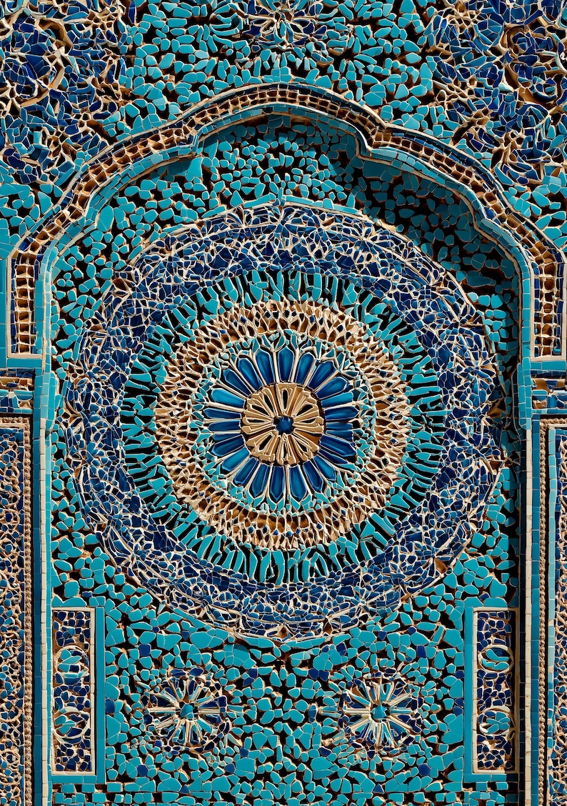 May include: Detailed mosaic wall with a central circular design. The artwork uses shades of blue, beige, and turquoise, with a mosaic of small, irregular pieces. The design is ornate and detailed, showcasing a complex pattern.