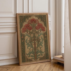 Könnte beinhalten: Ein gerahmter Kunstdruck mit einem floralen Design in Rot-, Grün- und Beigetönen. Das Kunstwerk hat eine Vintage-Ästhetik mit einer detaillierten Illustration von Blumen und Blättern. Der Rahmen besteht aus hellem Holz und verstärkt den klassischen Look.