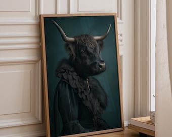 Regal Female Highland Cow Portrait | Gothic Animal Art Print | Dark Aristocratic Cow Poster | Renaissance Style Animal Painting |