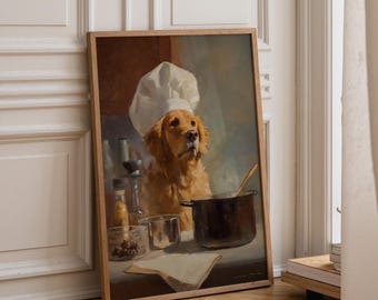 Chef Dog Art Print • Golden Retriever Cooking Wall Art • Funny Kitchen Décor • Whimsical Dog Chef Illustration • Cute Culinary Artwork