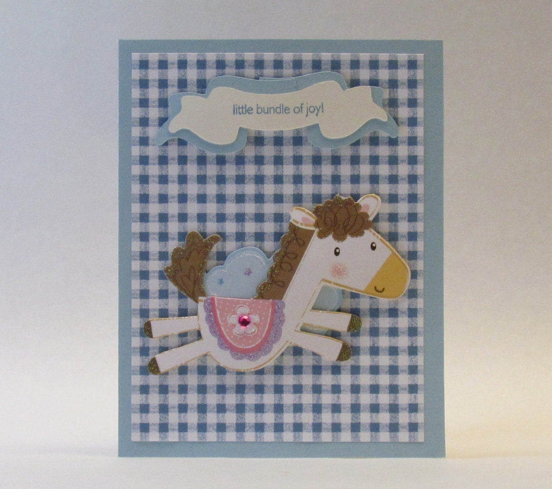 BABY BOY HORSE Card Baby Boy Hand Stamped Blue Gingham Etsy