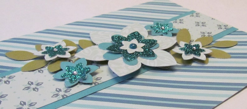 Teal Blue CARD SET Handstamped FLORAL Note Cards Set of 5