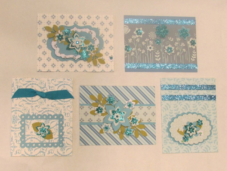 Teal Blue CARD SET Handstamped FLORAL Note Cards Set of 5