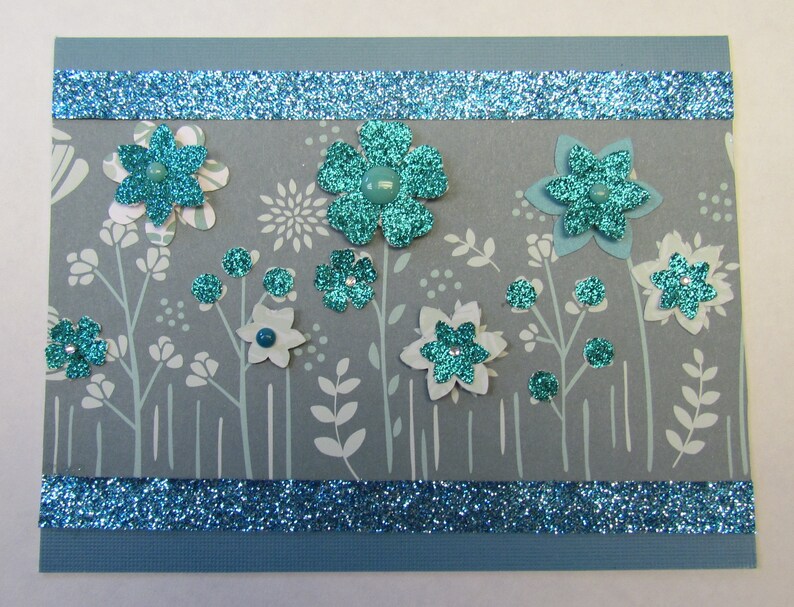 Teal Blue CARD SET Handstamped FLORAL Note Cards Set of 5