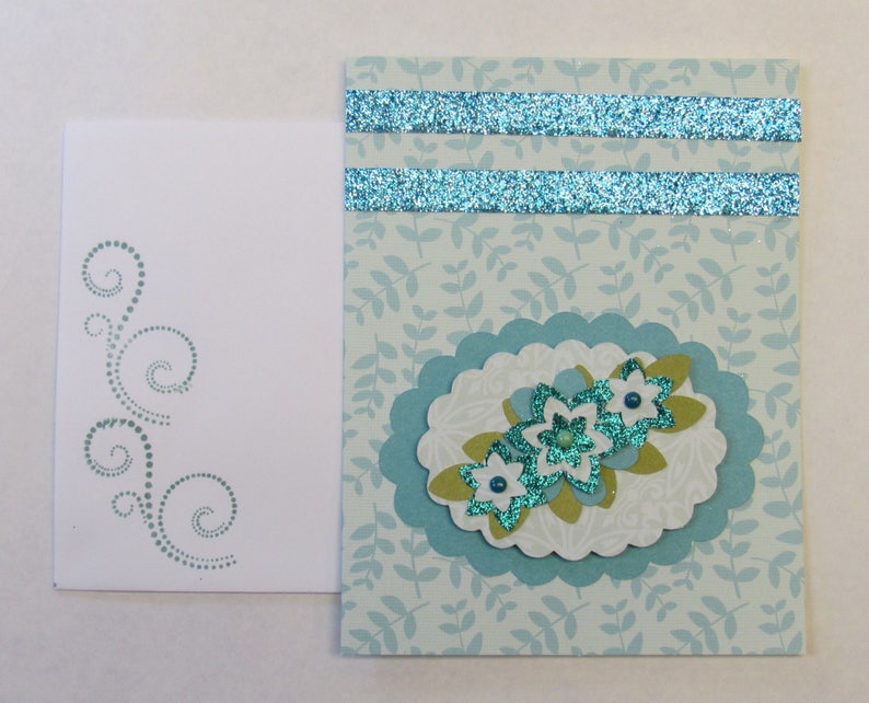 Teal Blue CARD SET Handstamped FLORAL Note Cards Set of 5