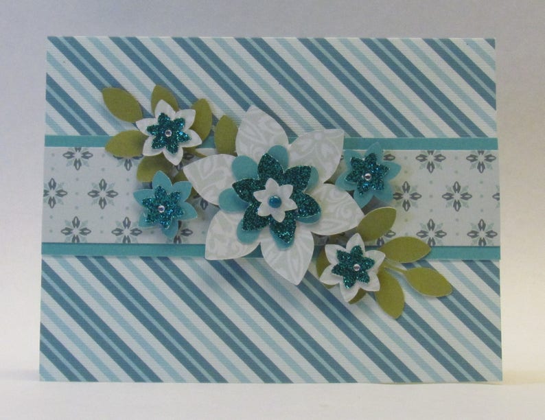 Teal Blue CARD SET Handstamped FLORAL Note Cards Set of 5