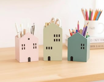 House Shaped Wooden Pen Holder, Scandi Desk Organizer, Solid Wood Stationery Storage