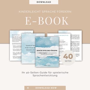 Könnte beinhalten: Ein E-Book-Cover mit dem Titel "Kinderleicht Sprache Fördern" und dem Untertitel "E-BOOK". Das Cover zeigt einen Stapel von Seiten mit Text und Illustrationen, einschließlich des Titels "SRACHE SPIELEND FÖRDERN". Das E-Book hat 40 Seiten.