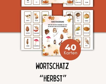 May include: A set of 40 printable flashcards with autumn-themed illustrations, including leaves, pumpkins, and animals. The cards are designed for educational use and feature the word "HERBST" (Autumn).