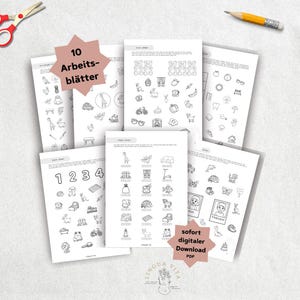 May include: A collection of black and white activity sheets with various illustrations, including animals, objects, and numbers. The sheets are labeled with German text and include a star-shaped graphic that says "sofort digitaler Download PDF".