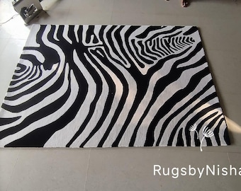 Black and White Zebra Luxury Hand Tufted New Zealand Wool coustom 8x10,9x12