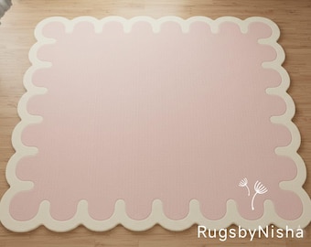 Pink Scalloped Hand-Tufted Wool Rug, Wavy Border, Nursery Decor