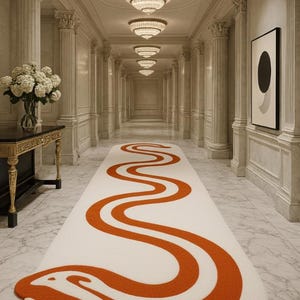 Könnte beinhalten: Ein langer, weißer Teppich mit einem kräftigen, orangefarbenen, wellenförmigen Design, der in einem Marmorflur platziert ist. Der Flur verfügt über verzierte Säulen, Kronleuchter und ein gerahmtes Kunstwerk. Das Design des Teppichs verleiht der klassischen Architektur eine moderne Note.