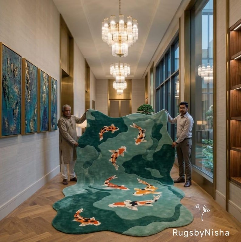 May include: A large, teal-colored rug with a unique, flowing shape, featuring koi fish in shades of orange, white, and black. The rug is held by two people in a hallway with artwork and chandeliers.