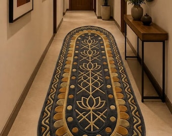 Hand Tufted Wool Oval Rug, Lotus Floral Runner, Boho Scandinavian Hallway Decor