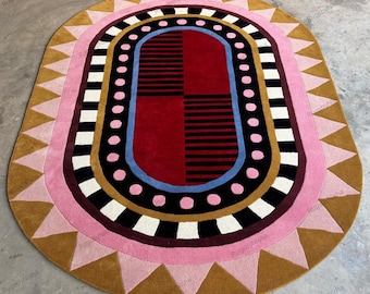 Alfombra de lana tejida a mano / Diseño de rayos de sol en terracota rosa, 2,44 x 3,05 m