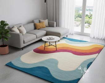 Hand-Tufted Wool Rug: Modern Wavy Abstract Colorful Rug