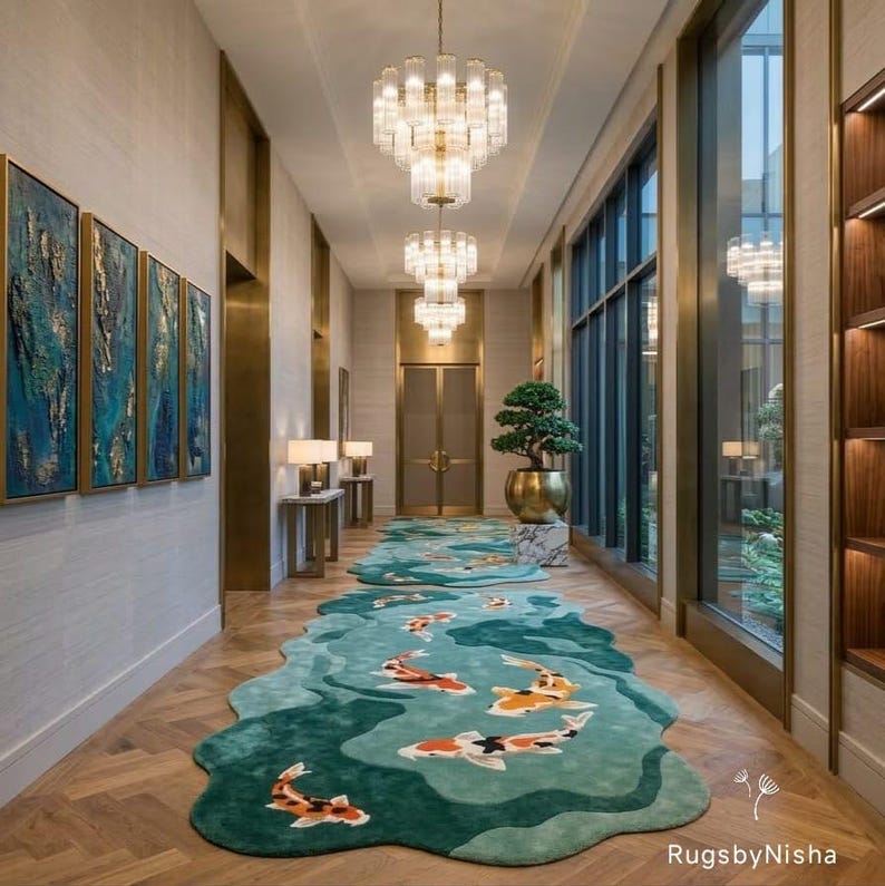 May include: A hallway featuring a custom rug with a koi fish design. The rug is teal and green with orange, white, and black koi fish. The hallway has a wooden floor, large windows, and gold accents. Three chandeliers hang from the ceiling.